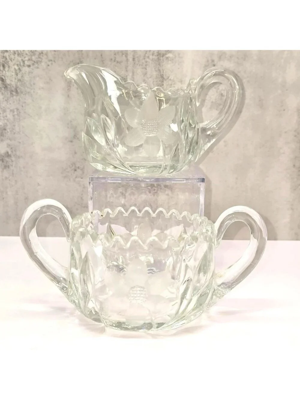Vintage Glass Creamer & Sugar Bowl Set With Floral Etching Star Base VL5076